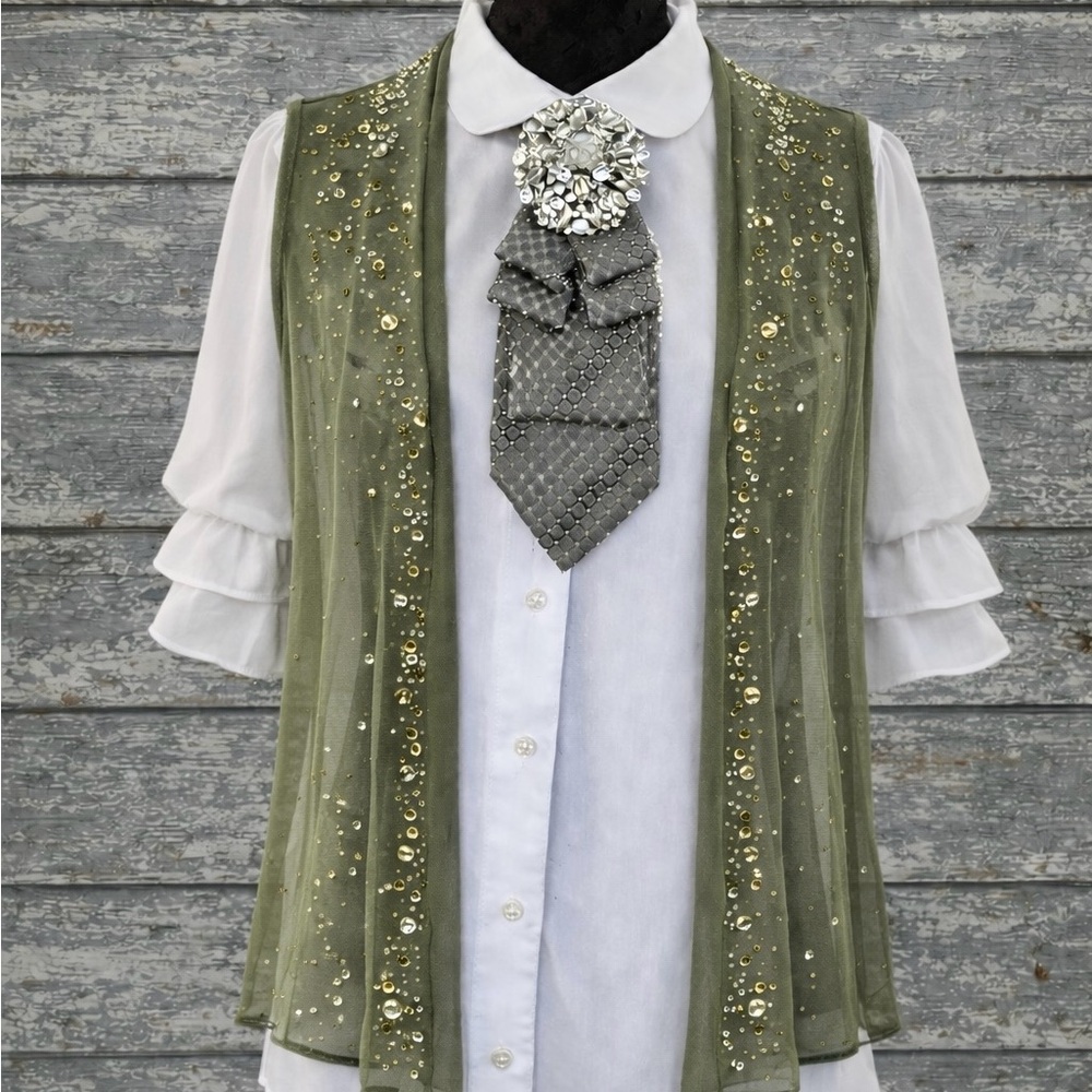 BIG BLING Necktie Necklace with Rhinestone Brooch and Chain OOAK - WOWSERS! - Picture 6 of 10